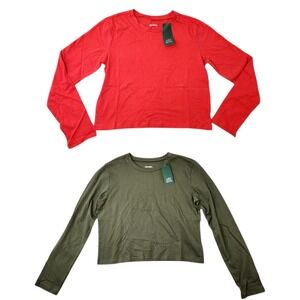 Wild Fable‎ T-Shirt Womens M Red & Olive Long-Sleeve Solid Crop Top 100% Cotton
